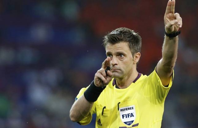 Referee Rizzoli of Italy reacts during their Group B Euro 2012 soccer match between Portugal and Netherlands at the Metalist stadium in Kharkiv