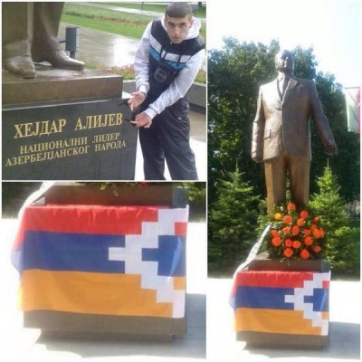 „Grobari“ provociraju Azere: Na spomenik predsednika okačili zastavu Karabaha (FOTO)