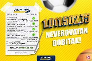 NEVEROVATAN DOBITAK U ADMIRALBETU: Kvota 9.820 za više od milion dinara!