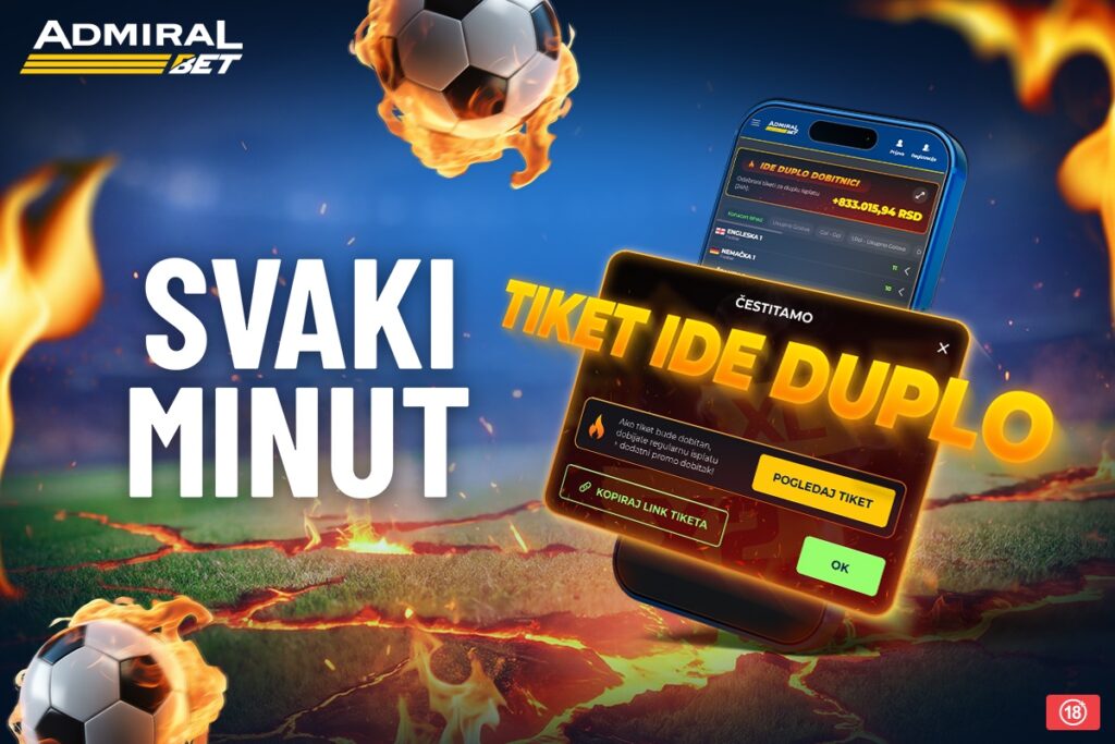 DUPLIRANI DOBICI SVAKOG MINUTA DO KRAJA VIKENDA – SAMO NA ADMIRALBETU! Od petka do nedelje svakog minuta se izvlači jedan tiket za dupli dobitak!